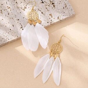 Elegant Gold and White Feather Earrings